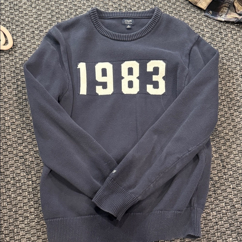 J. Crew Dark Blue Crewneck Sweater with 1983 Print
